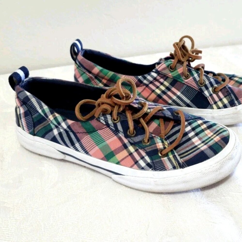Women SPERRY Canvas Boat Loafers Flats Shoes 6 Plaid Navy Blue Coral Leather Tie